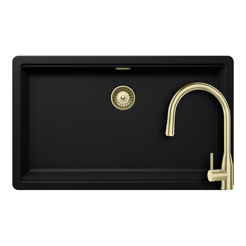 Schock Greenwich N-100XL konyhai mosogatótálca 750 x 456 mm Cristadur Puro, intenzív fekete és Schock Kavus konyhai csaptelep kihúzható fejjel és szűrőkosár, túlfolyó takaró White Gold [GRN10XLPUKVEWGO]