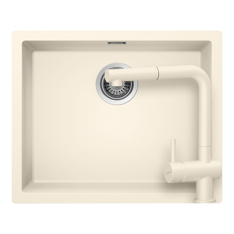 Schock Kaia N-100L konyhai mosogatótálca 556 x 456 mm és Schock Epos konyhai csaptelep Cristadur Magnolia kihúzható fejjel, krémfehér